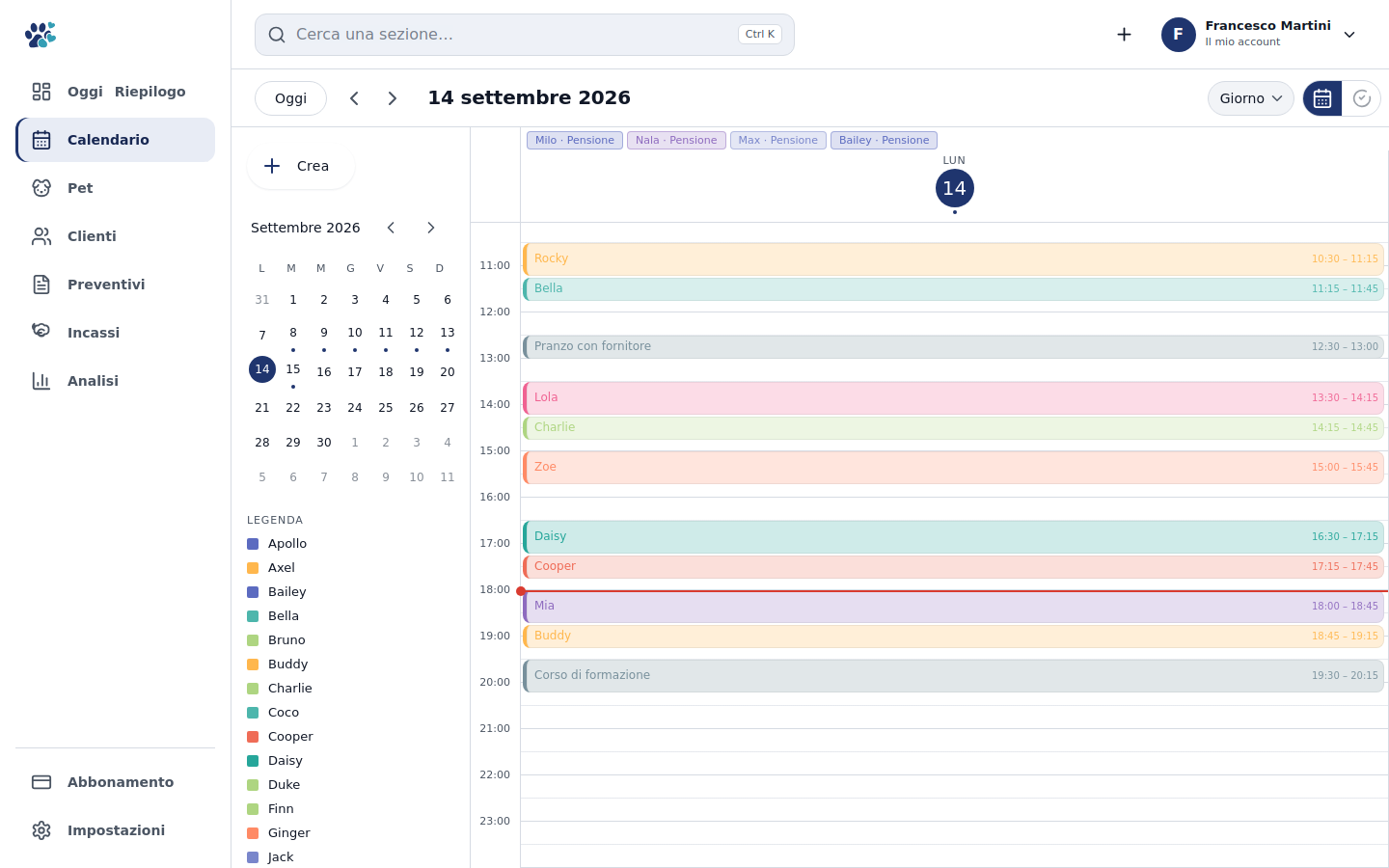Calendario ZampaSuite con passeggiate, visite e pensioni in vista giorno