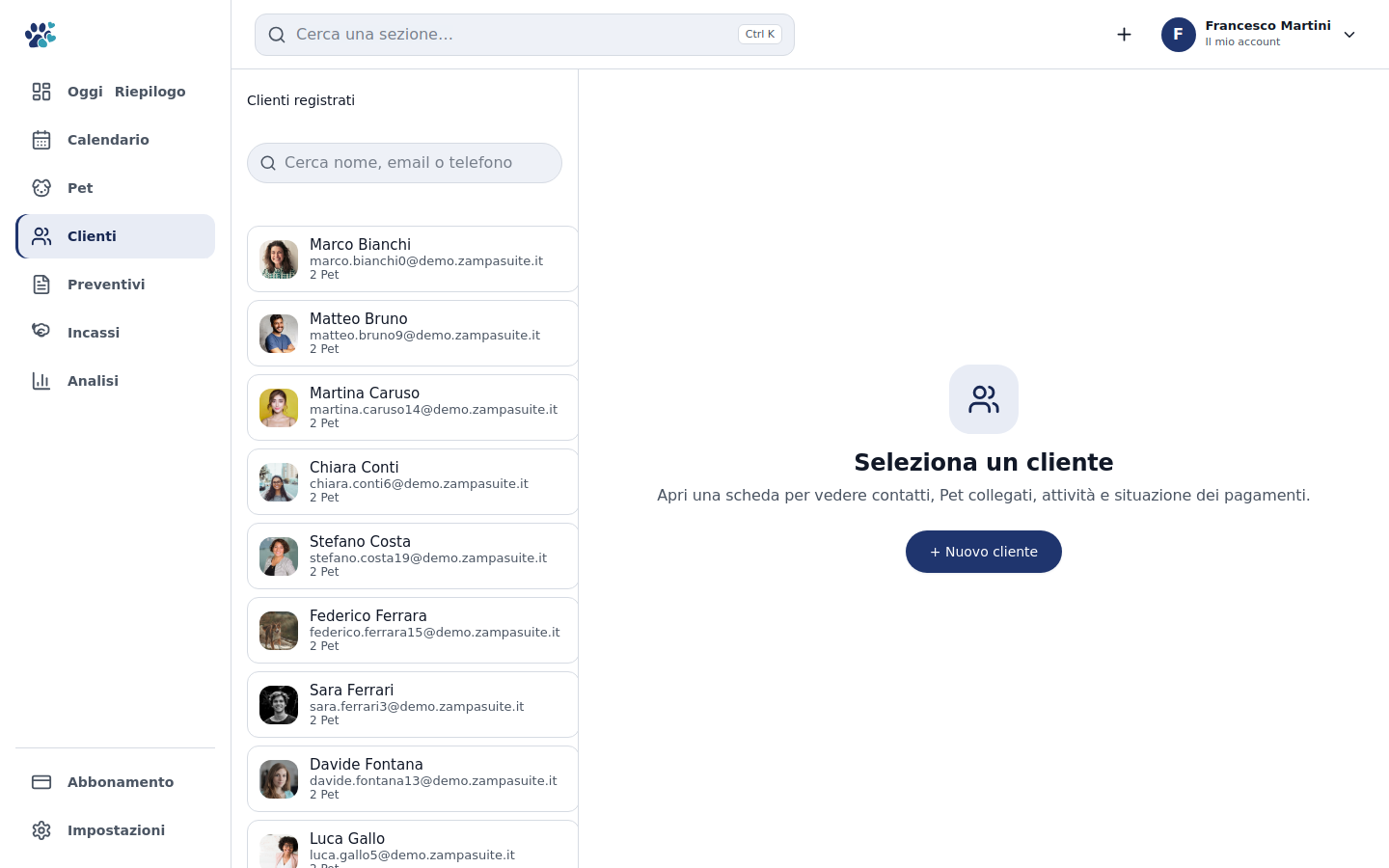 Rubrica clienti ZampaSuite con contatti, incassi e storico servizi