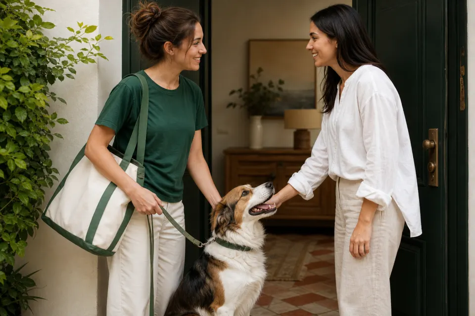 Dog sitter che riconsegna un cane alla cliente