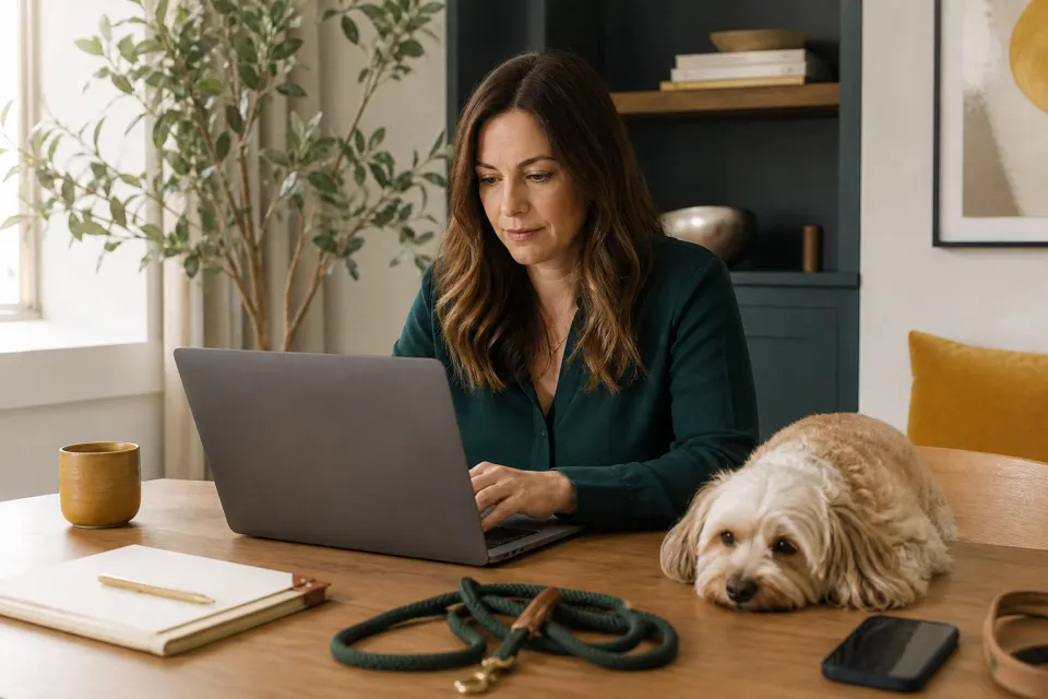 Dog sitter che organizza il lavoro al computer insieme al suo cane