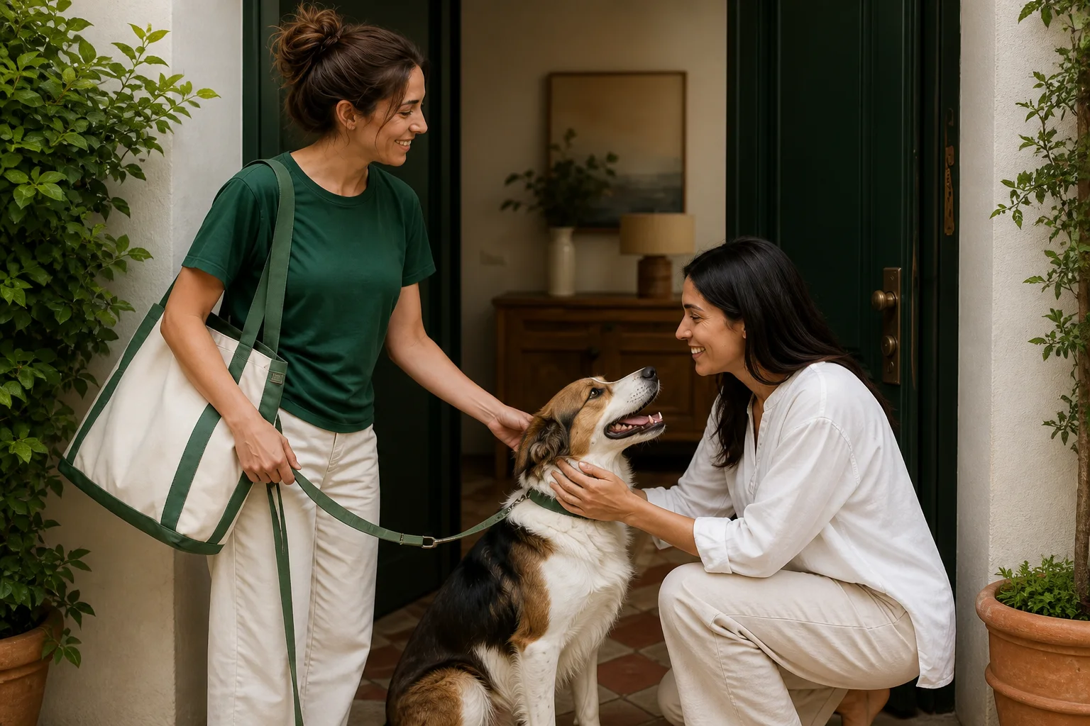 Dog sitter e cliente durante la riconsegna del cane
